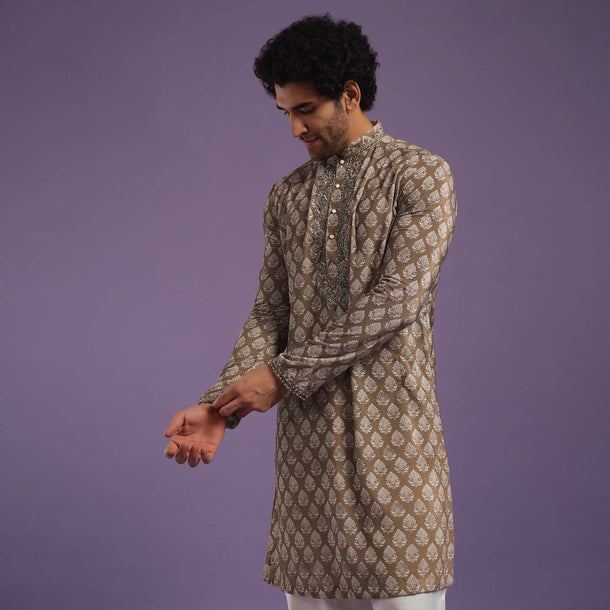 Chocolate Brown Velvet Kurta Set With Zardosi Embroidery & Block Print