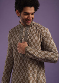 Chocolate Brown Velvet Kurta Set With Zardosi Embroidery & Block Print