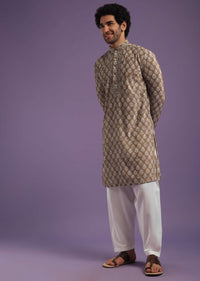 Chocolate Brown Velvet Kurta Set With Zardosi Embroidery & Block Print