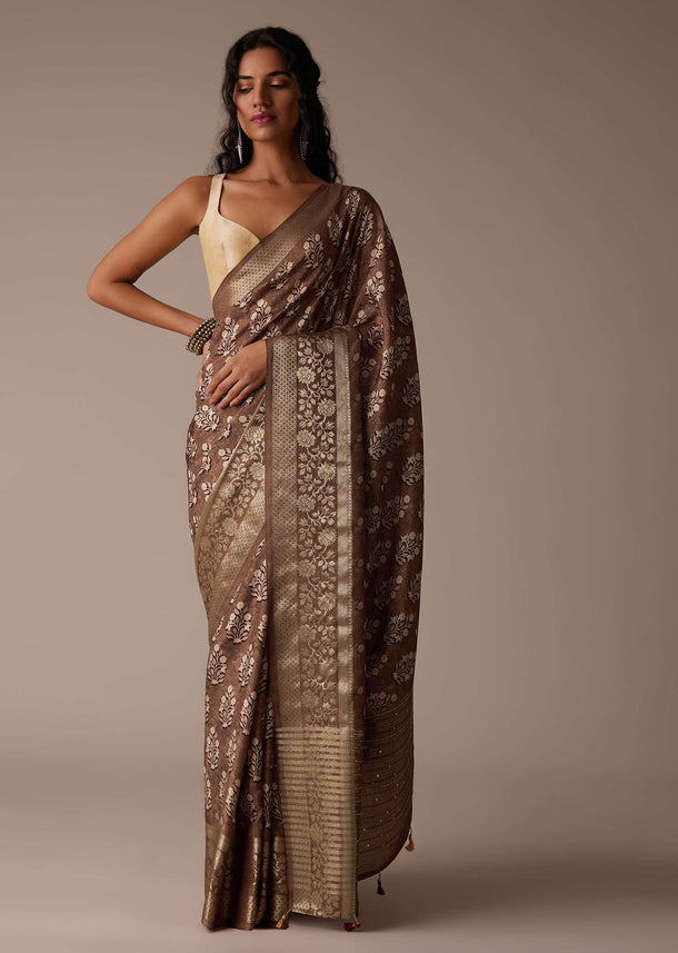 Chocolate Brown Tussar Saree With Block Print And Zari Border