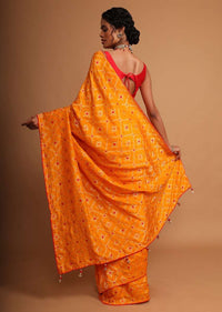 Chrome yellow bandhani printed dola silk saree with weaved work Online - Kalki Fashion