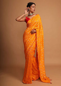 Chrome yellow bandhani printed dola silk saree with weaved work Online - Kalki Fashion