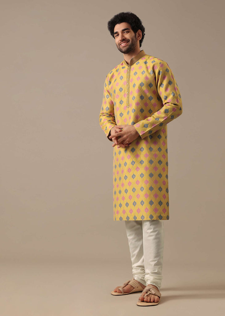 Chrome Yellow Embroidered Kurta Set in Jacquard