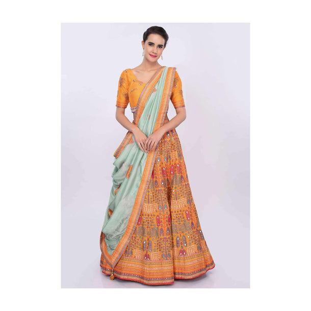 Chrome Yellow Lehenga Set With Patola Print And Mint Green Silk Dupatta Online - Kalki Fashion