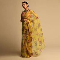 Chrome Yellow Saree In Organza With Floral Print All Over And Scalloped Resham Border Along With Unstitched Blouse