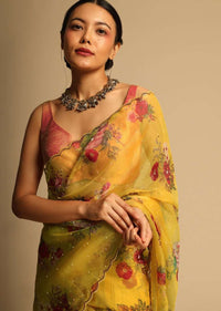 Chrome Yellow Saree In Organza With Floral Print All Over And Scalloped Resham Border Along With Unstitched Blouse