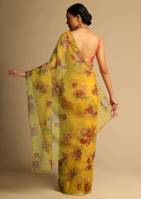 Chrome Yellow Saree In Organza With Floral Print All Over And Scalloped Resham Border Along With Unstitched Blouse