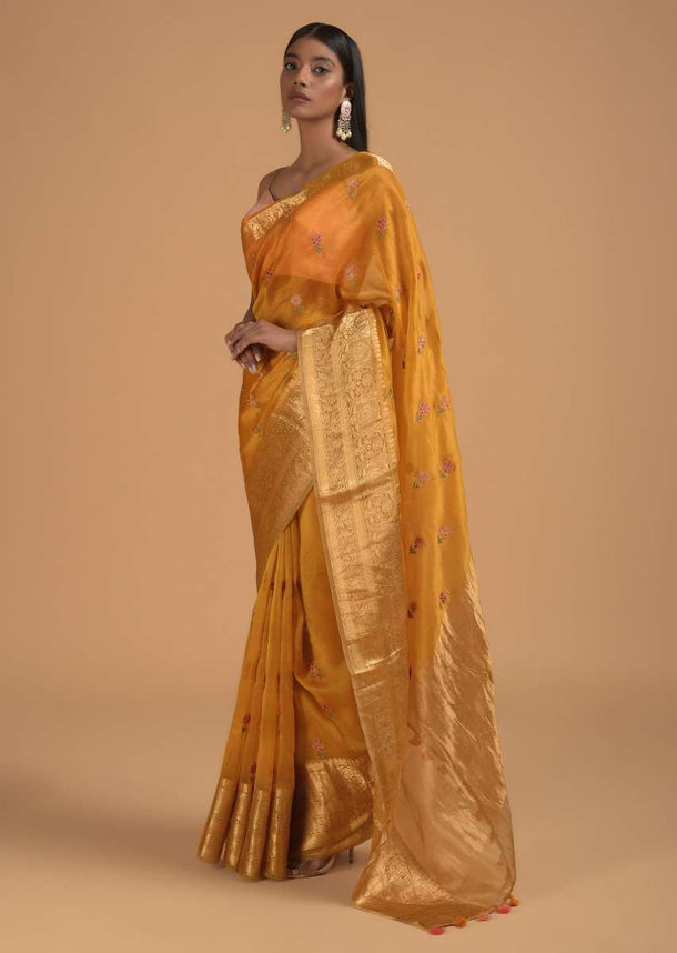 Chrome Yellow Saree In Organza With Resham Embroidered Flower Buttis And Woven Border Online - Kalki Fashion