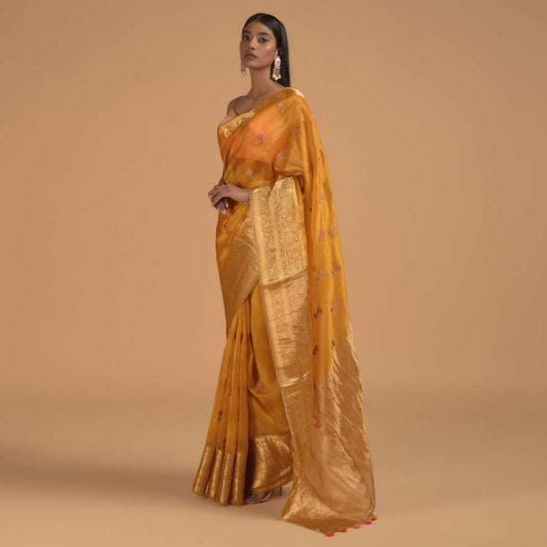 Chrome Yellow Saree In Organza With Resham Embroidered Flower Buttis And Woven Border Online - Kalki Fashion