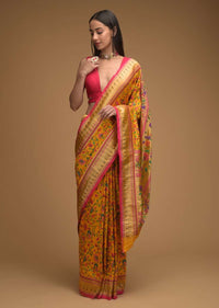 Chrome Yellow Saree In Silk With Colorful Brocade Woven Floral Jaal And Bird Motifs On The Pallu Along With Unstitched Blouse Online - Kalki Fashion