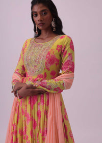 Chrome Yellow Chinon Anarkali Set With Zari And Bead Work