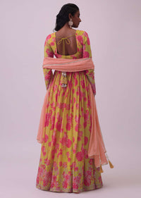 Chrome Yellow Chinon Anarkali Set With Zari And Bead Work