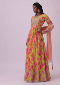 Chrome Yellow Chinon Anarkali Set With Zari And Bead Work