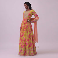 Chrome Yellow Chinon Anarkali Set With Zari And Bead Work