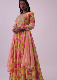 Chrome Yellow Chinon Anarkali Set With Zari And Bead Work