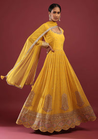 Canary Yellow Anarkali Suit In Georgette With Multicolored Resham And Zari Embroidered Mughal Design