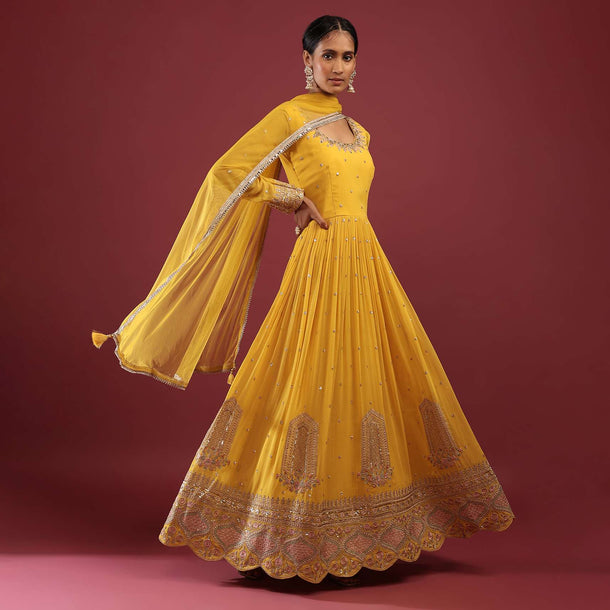 Canary Yellow Anarkali Suit In Georgette With Multicolored Resham And Zari Embroidered Mughal Design