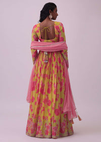 Chrome Yellow Chinon Anarkali Set With Zari And Bead Work