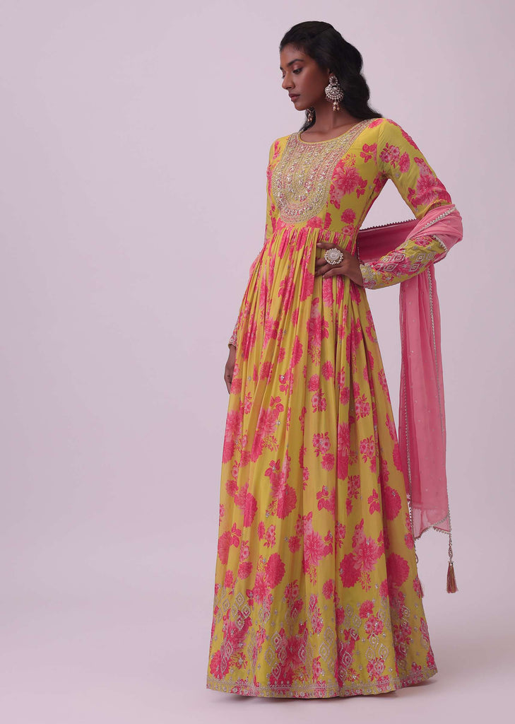 Chrome Yellow Chinon Anarkali Set With Zari And Bead Work