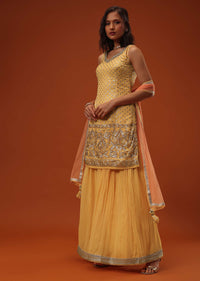 Chrome Yellow Georgette Kurti Palazzo Set With Sequins Embroidery