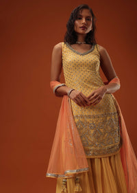 Chrome Yellow Georgette Kurti Palazzo Set With Sequins Embroidery