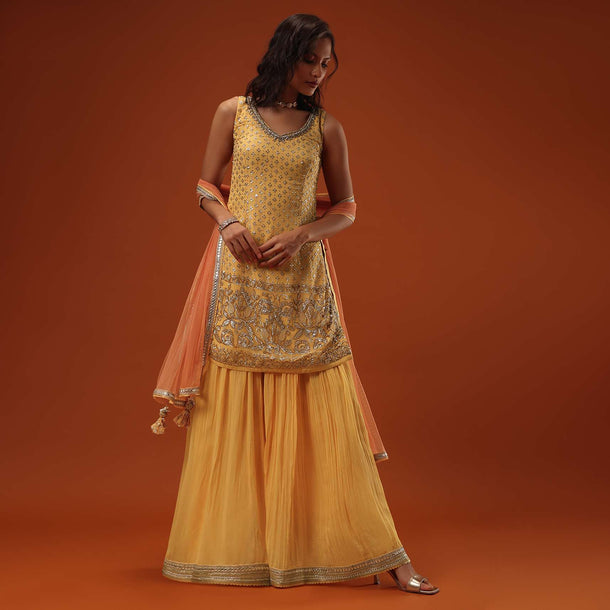 Chrome Yellow Georgette Kurti Palazzo Set With Sequins Embroidery