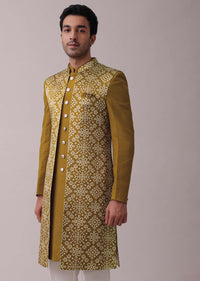 Chrome Yellow Printed Achkan Jacket Sherwani Set In Silk