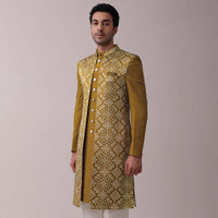 Chrome Yellow Printed Achkan Jacket Sherwani Set In Silk