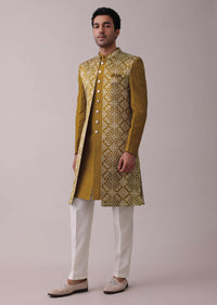 Chrome Yellow Printed Achkan Jacket Sherwani Set In Silk