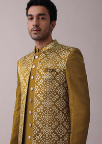 Chrome Yellow Printed Achkan Jacket Sherwani Set In Silk