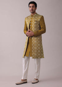 Chrome Yellow Printed Achkan Jacket Sherwani Set In Silk