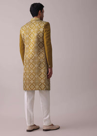 Chrome Yellow Printed Achkan Jacket Sherwani Set In Silk