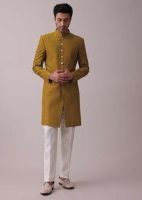 Chrome Yellow Printed Achkan Jacket Sherwani Set In Silk