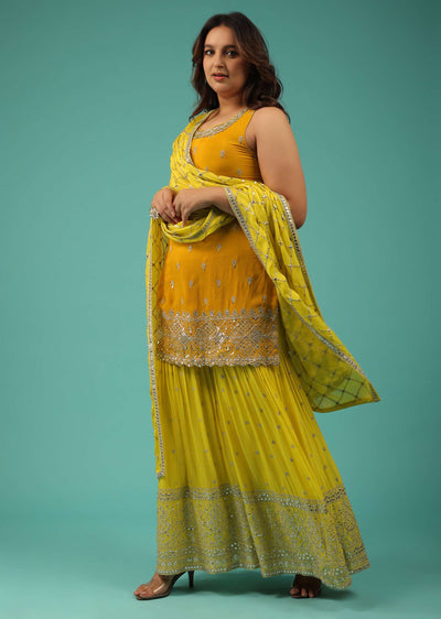 Chrome Yellow Sharara Suit In Chinon With Embroidery