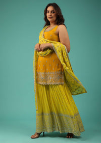 Chrome Yellow Sharara Suit In Chinon With Embroidery