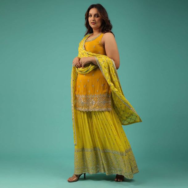 Chrome Yellow Sharara Suit In Chinon With Embroidery