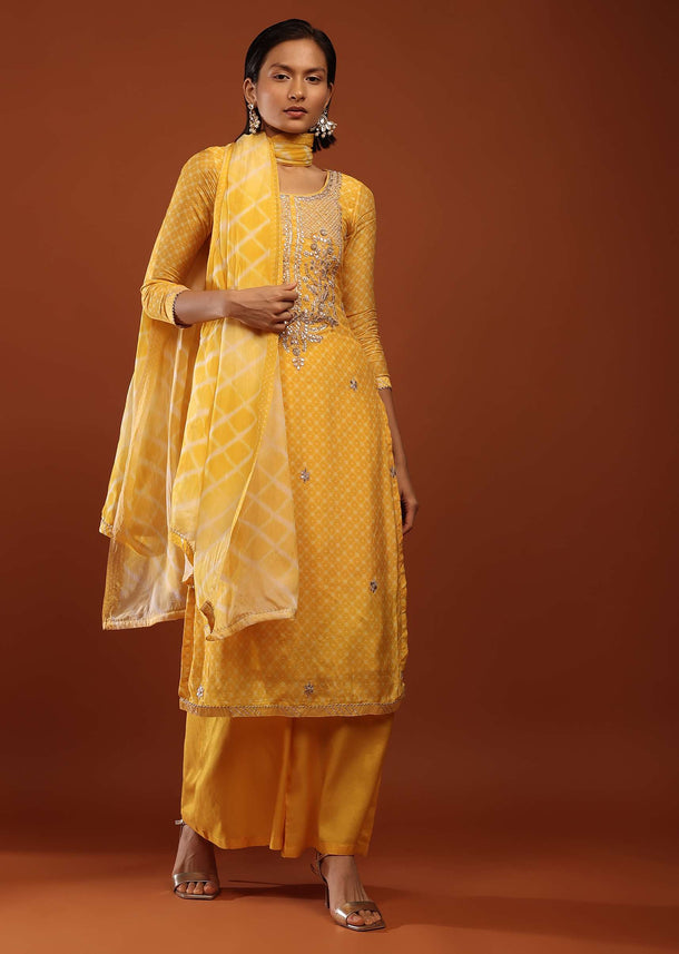 Canary Yellow Straight Cut Palazzo Suit With Bandhani Print And Embroidery