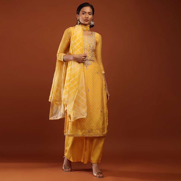 Canary Yellow Straight Cut Palazzo Suit With Bandhani Print And Embroidery