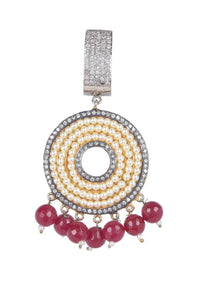 Circular grey and gold danglers embellished with pearls, stones and burgundy beads only on Kalki