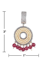 Circular grey and gold danglers embellished with pearls, stones and burgundy beads only on Kalki