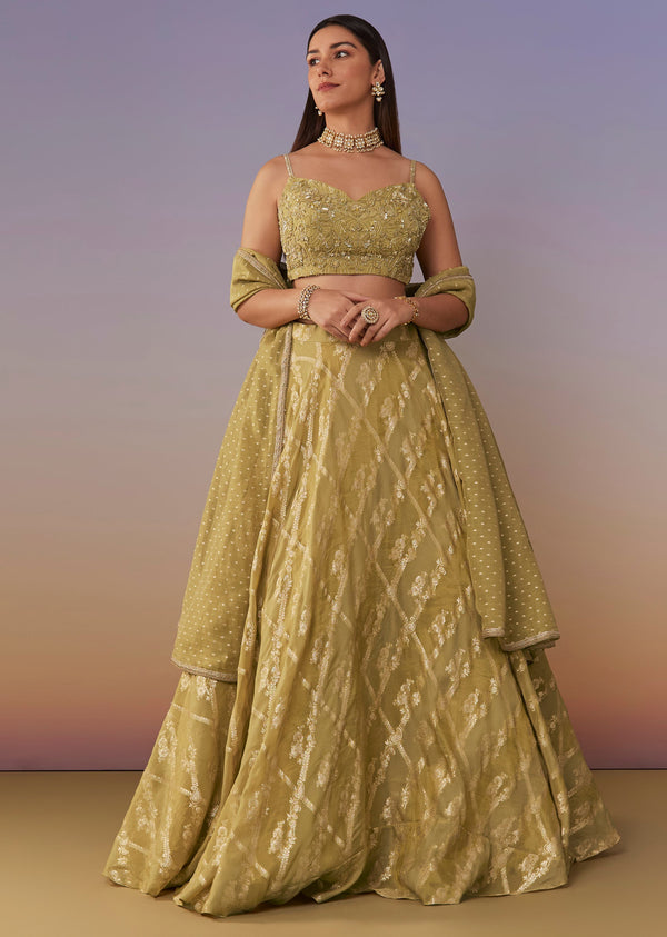 Citrus Green Banarasi Silk Lehenga Set With Sequins And Bead Detailing