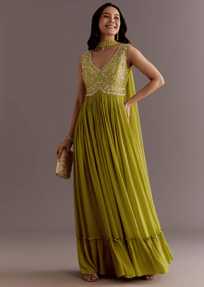Citrus Green Embroidered Georgette Anarkali With Choker Dupatta