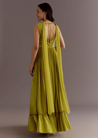 Citrus Green Embroidered Georgette Anarkali With Choker Dupatta
