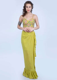 Citrus Green Frill Draped Skirt With Embroidered Blouse And Cape Style Net Jacket Online - Kalki Fashion