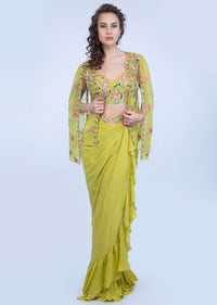 Citrus Green Frill Draped Skirt With Embroidered Blouse And Cape Style Net Jacket Online - Kalki Fashion