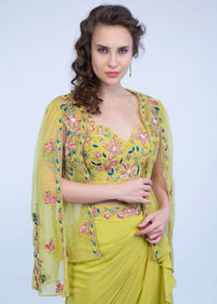 Citrus Green Frill Draped Skirt With Embroidered Blouse And Cape Style Net Jacket Online - Kalki Fashion