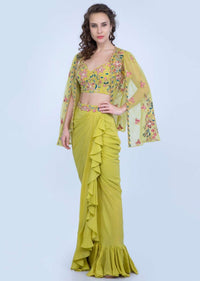 Citrus Green Frill Draped Skirt With Embroidered Blouse And Cape Style Net Jacket Online - Kalki Fashion