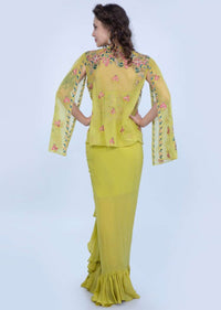 Citrus Green Frill Draped Skirt With Embroidered Blouse And Cape Style Net Jacket Online - Kalki Fashion