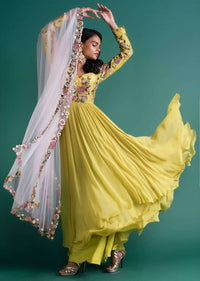 Citrus Green Layered Anarkali In Georgette With A Contrasting Powder Pink Net Dupatta Online - Kalki Fashion