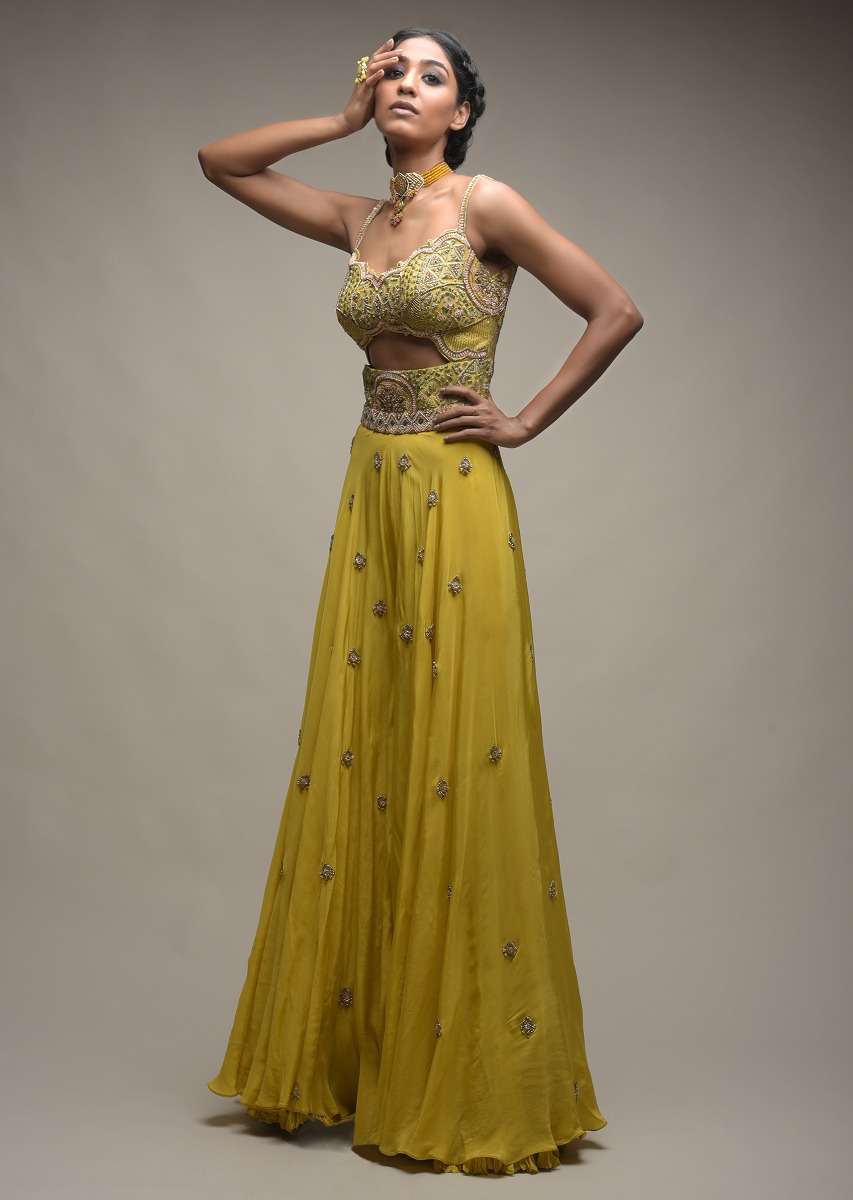 Citrus Jumpsuit In Crepe With Front Cut Out And Zardozi Embroidered Floral Jaal